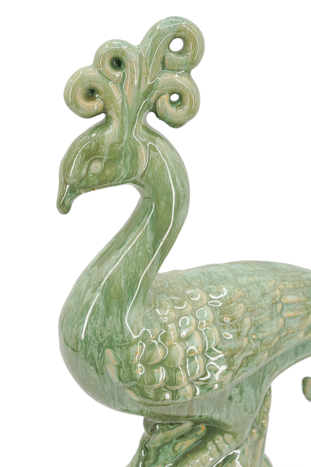 Ceramic Peacock Sculpture with Lustrous Glaze - 14 Inch