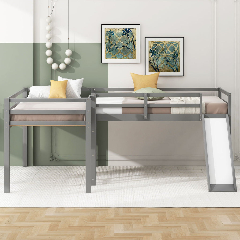 L Shaped Loft Bed with Slide and Ladder - Twin Size, Solid Wood - White or Dark Gray