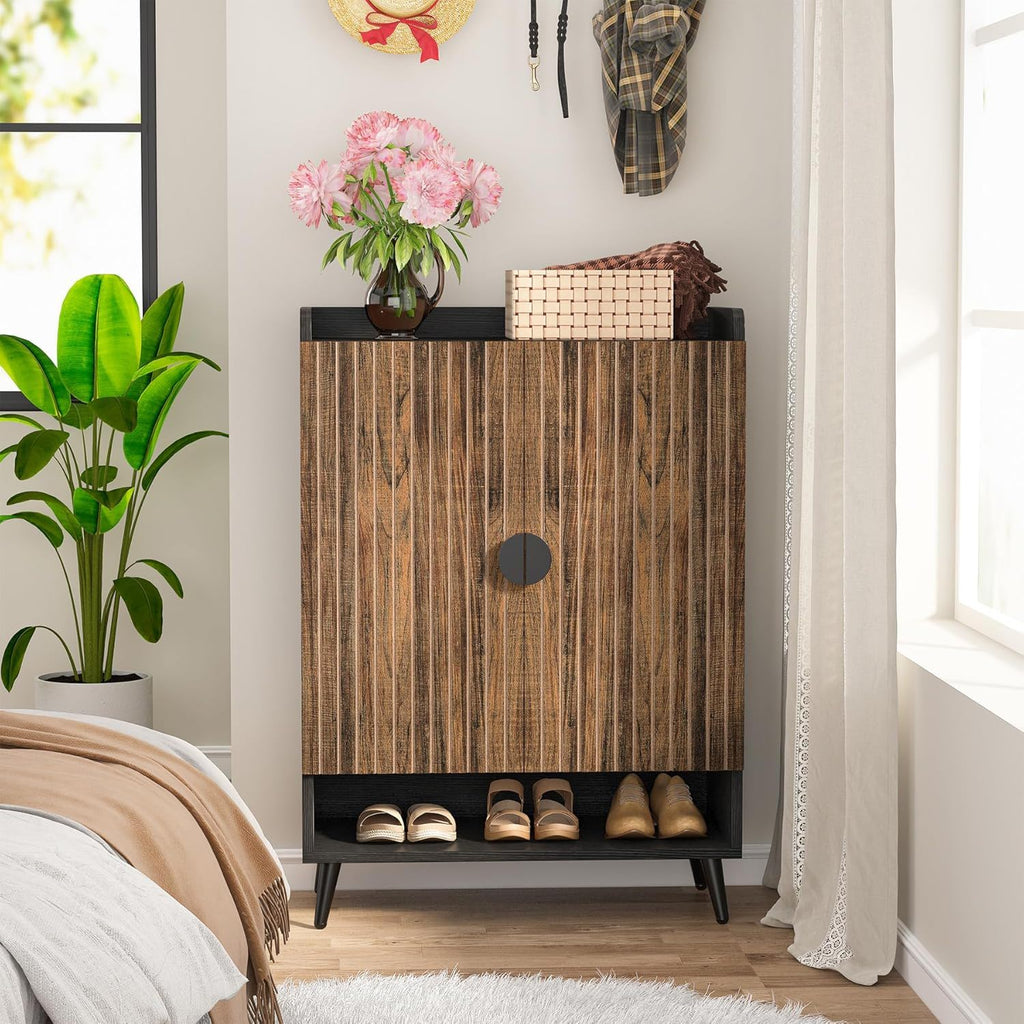 Shoe Cabinet With Doors, 7 Tier Storage Organizer with Adjustable Shelves - Dark Brown, Light Brown, or White