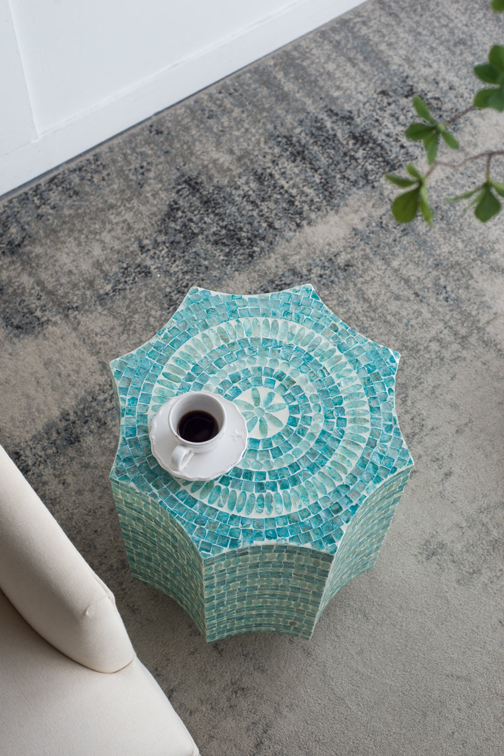 Capiz Design Pedestal Stool with Starburst Capiz Inlay - 17x17x20 Inches