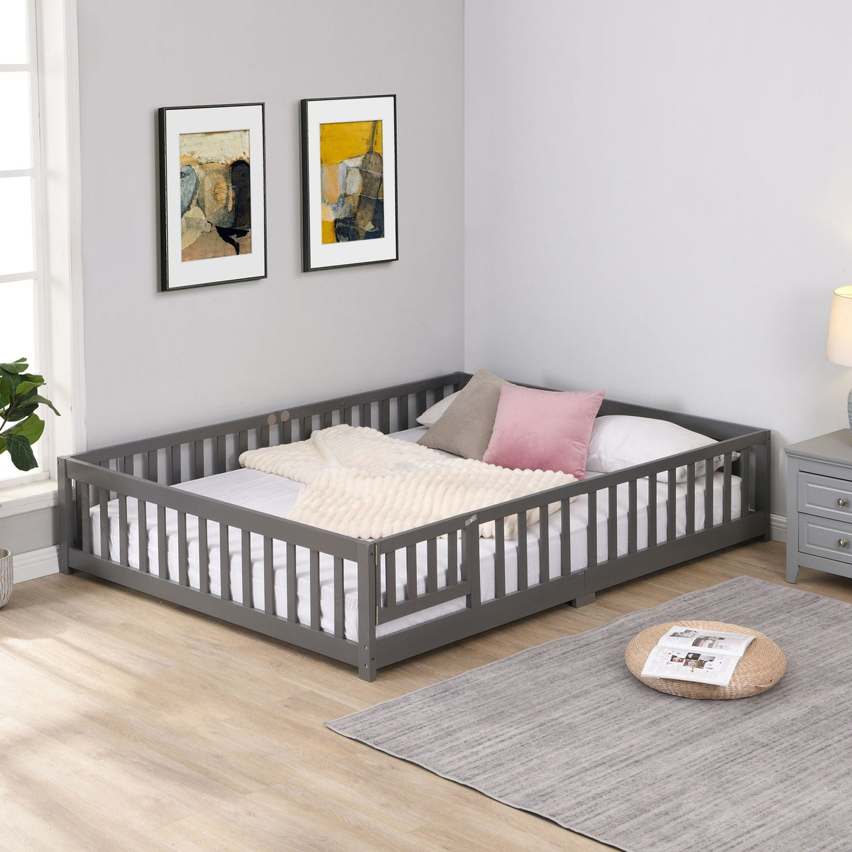 Solid Wood Floor Bed With Door And Fence For Children