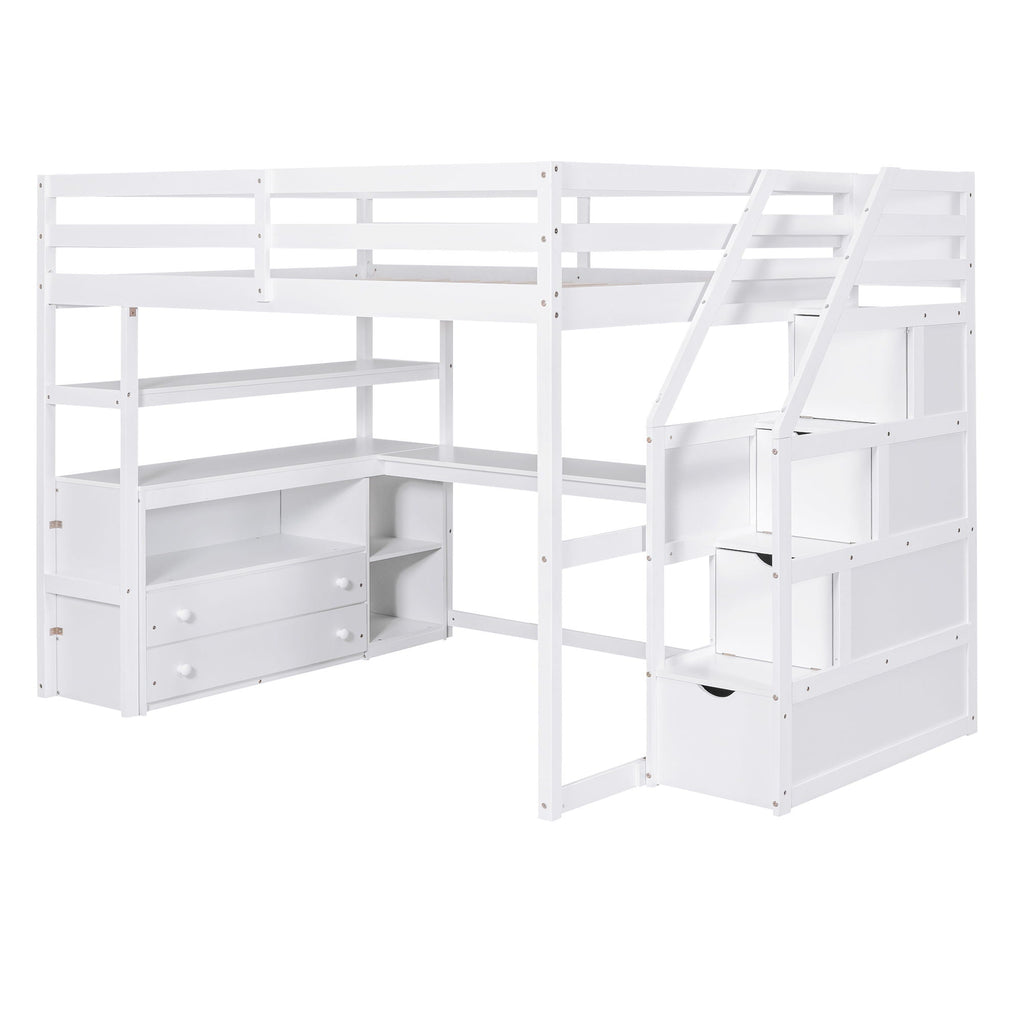 Loft Bed with Desk and Storage Staircase - Full or Twin, White or Gray