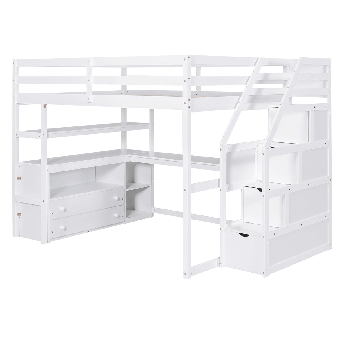 Loft Bed with Desk and Storage Staircase - Full or Twin, White or Gray