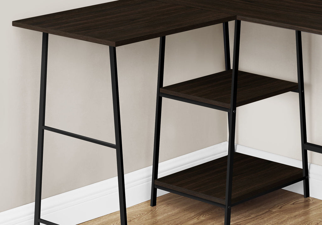 L-Shape Corner Computer Desk with Storage Shelves - Modern Wood & Metal - Light Brown, Gray, Dark Brown