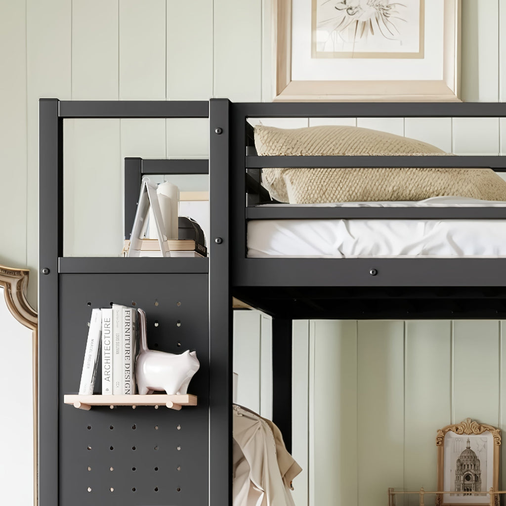 Twin XL Loft Bed Frame with Wardrobe and Shelves - Black