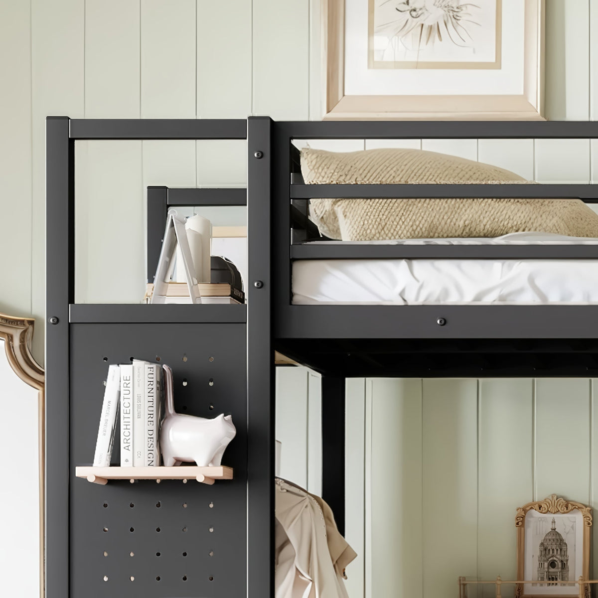 Twin XL Loft Bed Frame with Wardrobe and Shelves - Black