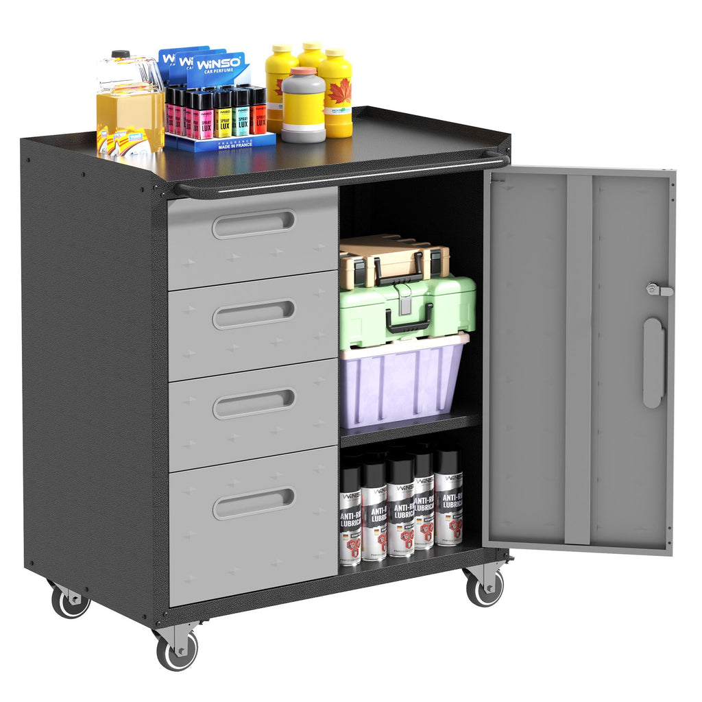 Sturdy Metal Tool Storage Cabinet with Lockable Wheels and Drawers - Gray or Black