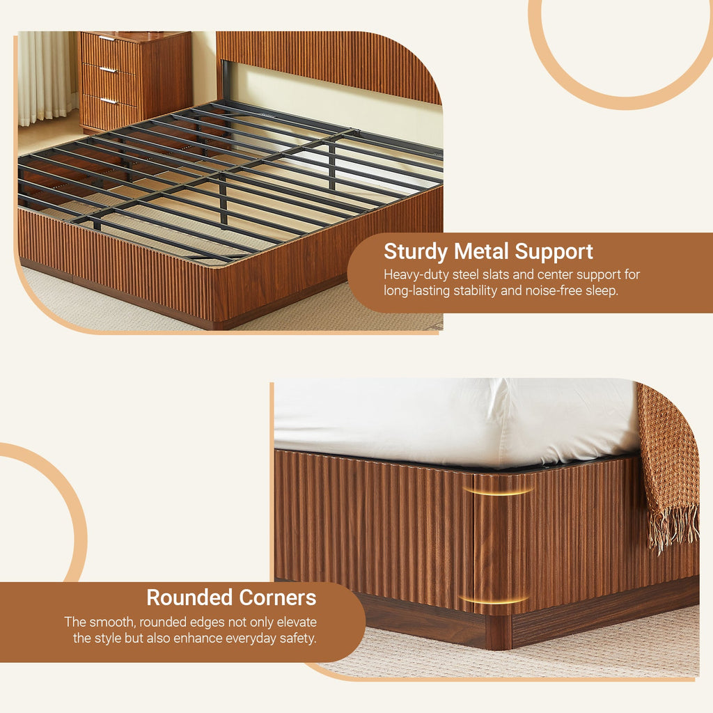 King Size Bed Frame with LED Lights - Walnut
