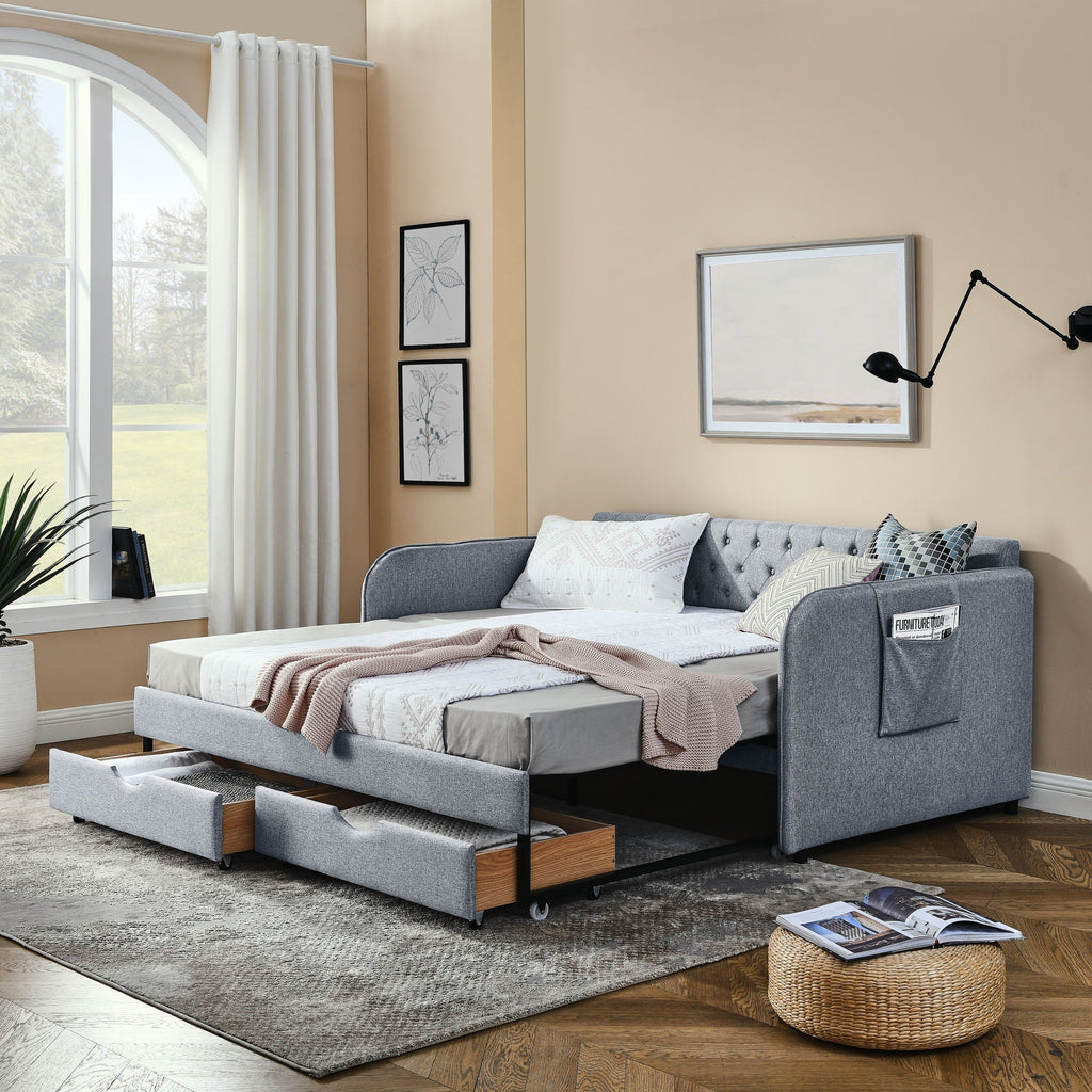 Daybed with Trundle and Storage Drawers - Twin, Fabric Upholstered - Multiple Colors