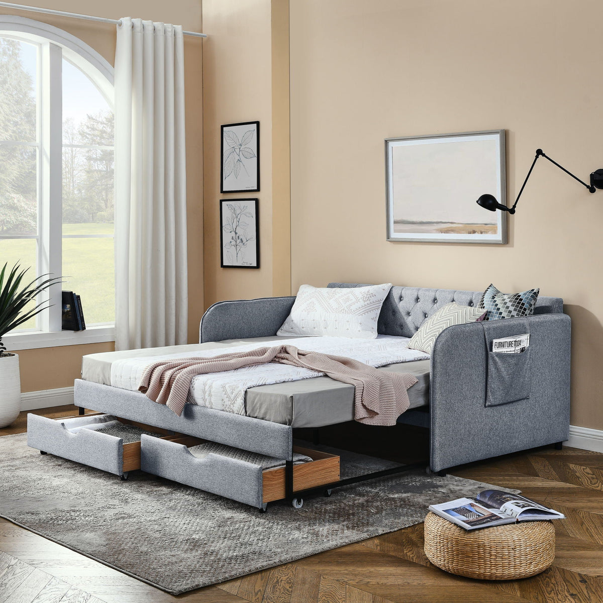 Daybed with Trundle and Storage Drawers - Twin, Fabric Upholstered - Multiple Colors