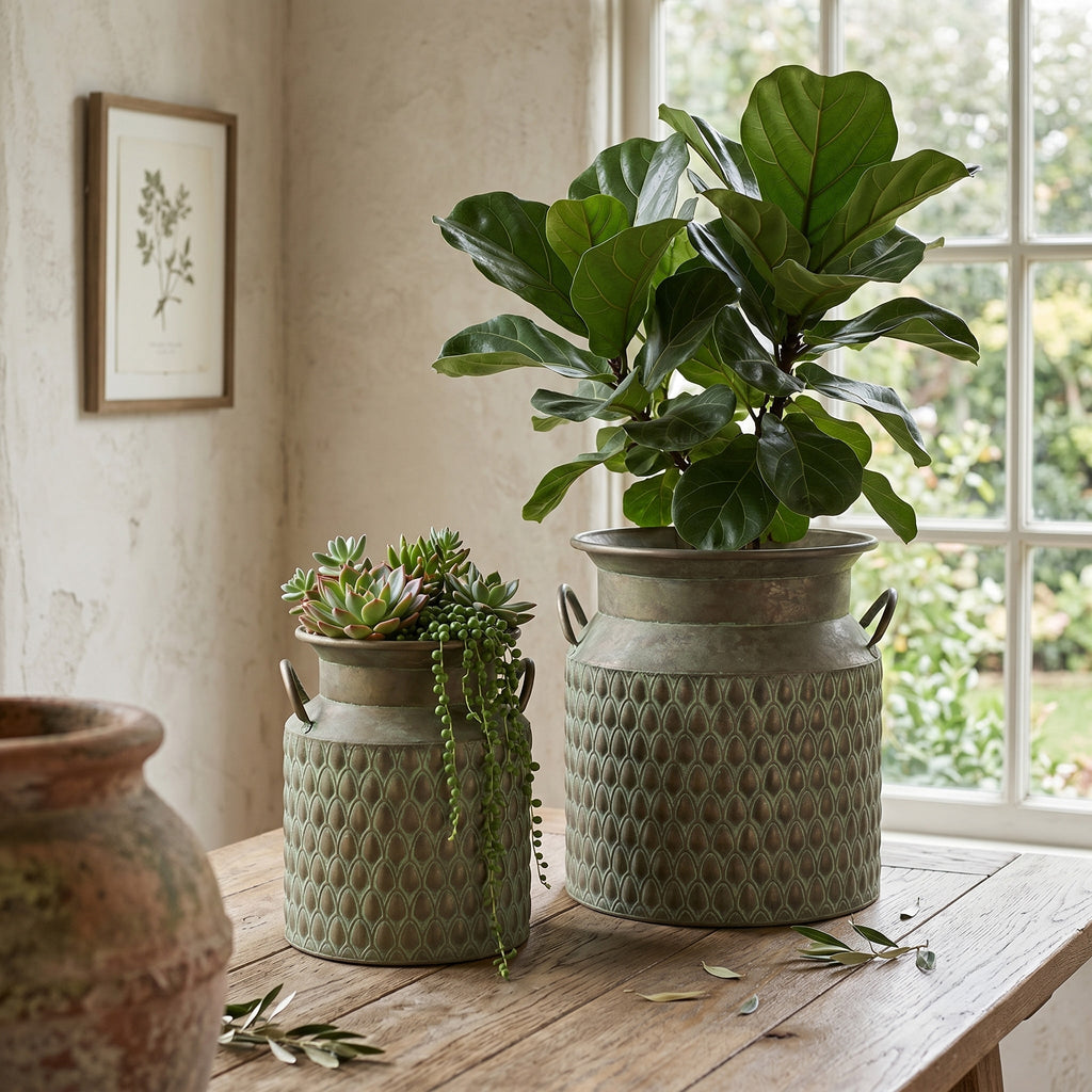 Iron Milk Jug Planters with Textured Green Finish – Set of 2