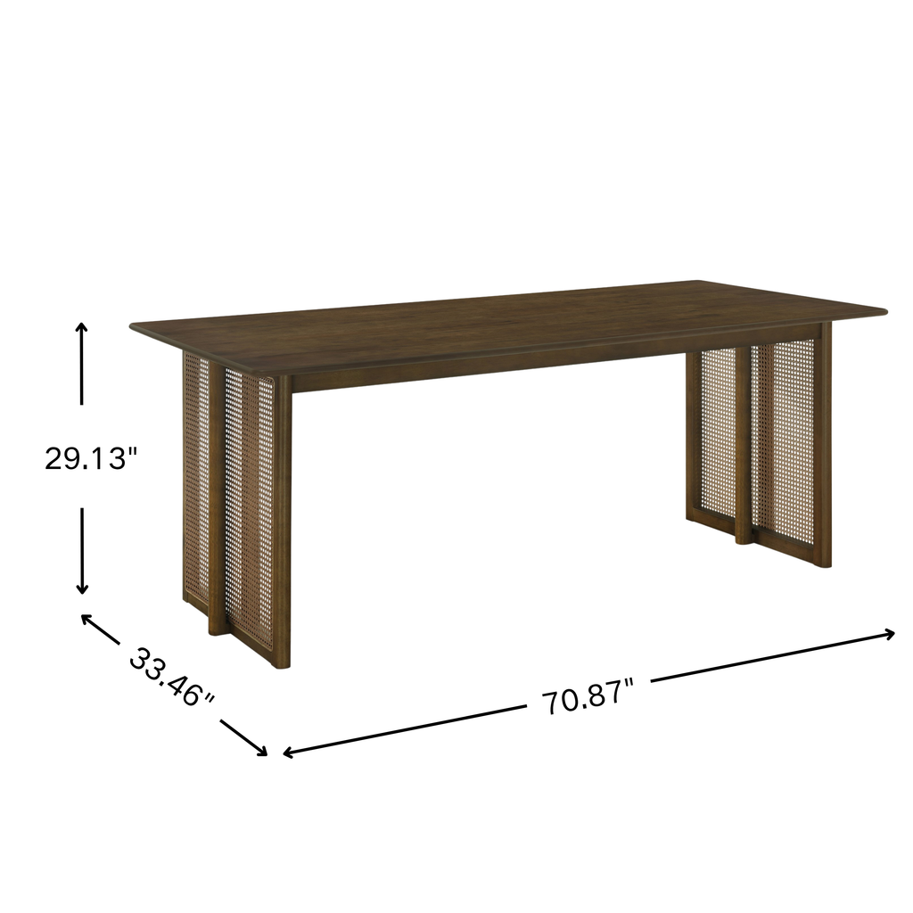 Walnut Rubber Wood Dining Table with Rattan Accents - 70.87"L