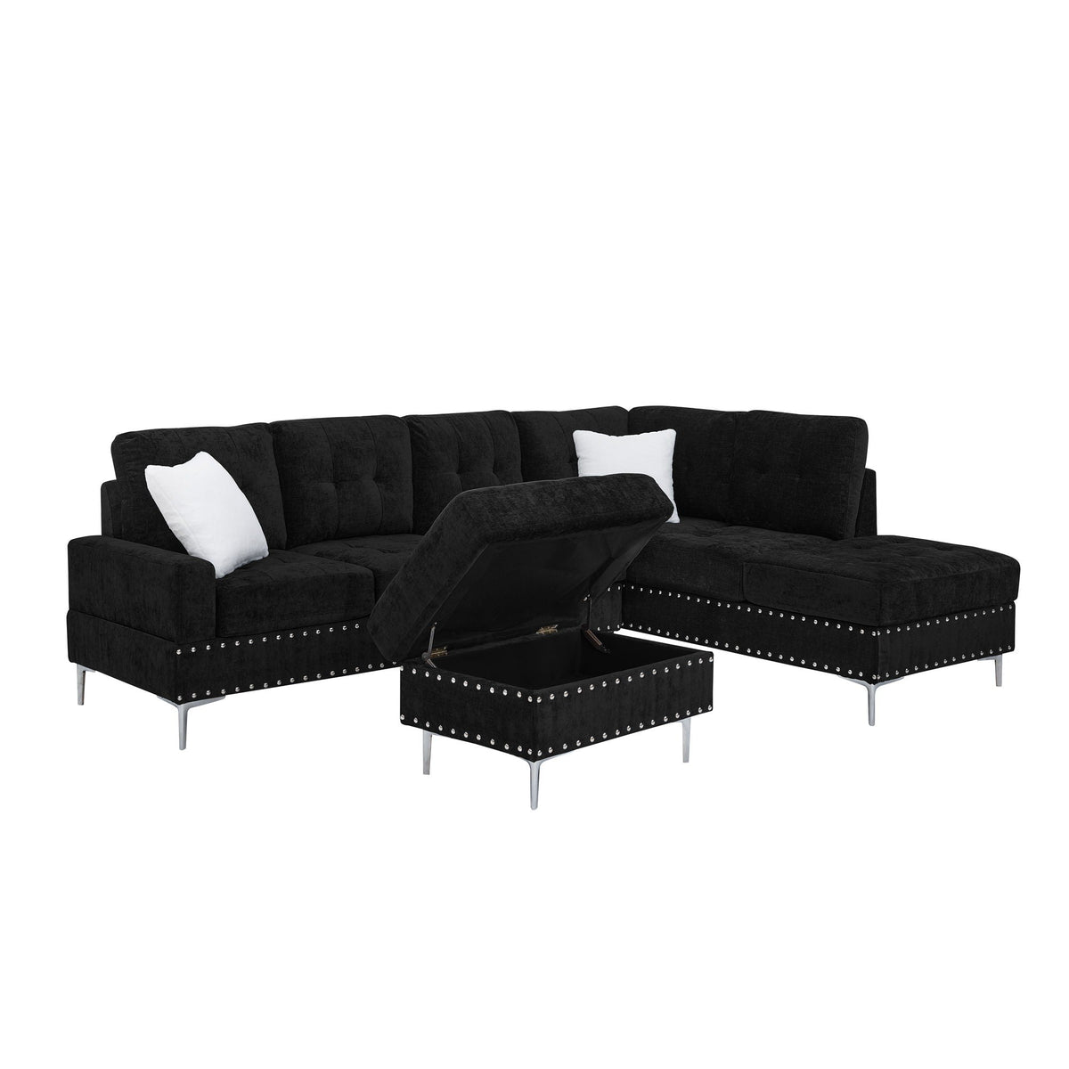 L-Shaped Sectional Sofa with Chaise and Storage Ottoman - Blue or Black