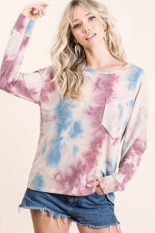BiBi Tie Dye Print Terry Top With Front Patch Pocket