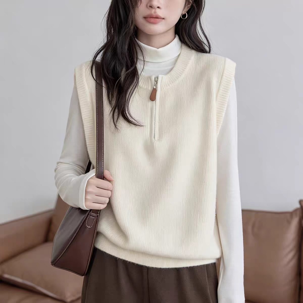 Dark Gray Crew-neck Half-zip Knit Vest