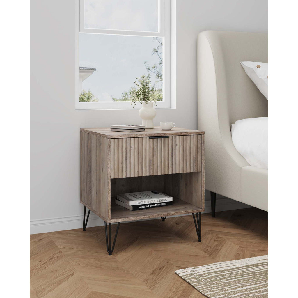 Modern Nightstand with Fluted Drawer and Metal Handles - Multiple Colors