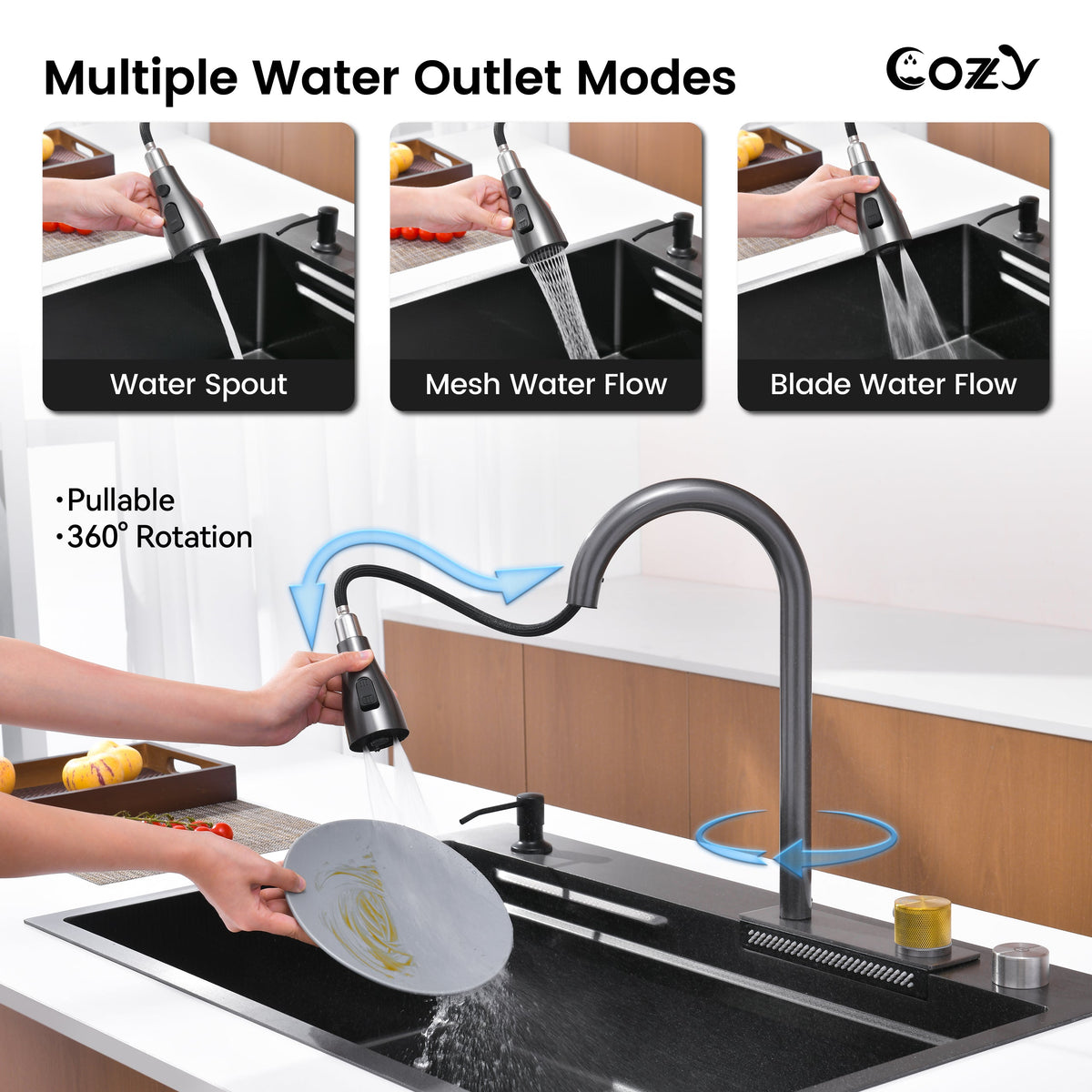 Stainless Steel Waterfall Kitchen Sink with Single Bowl - Black