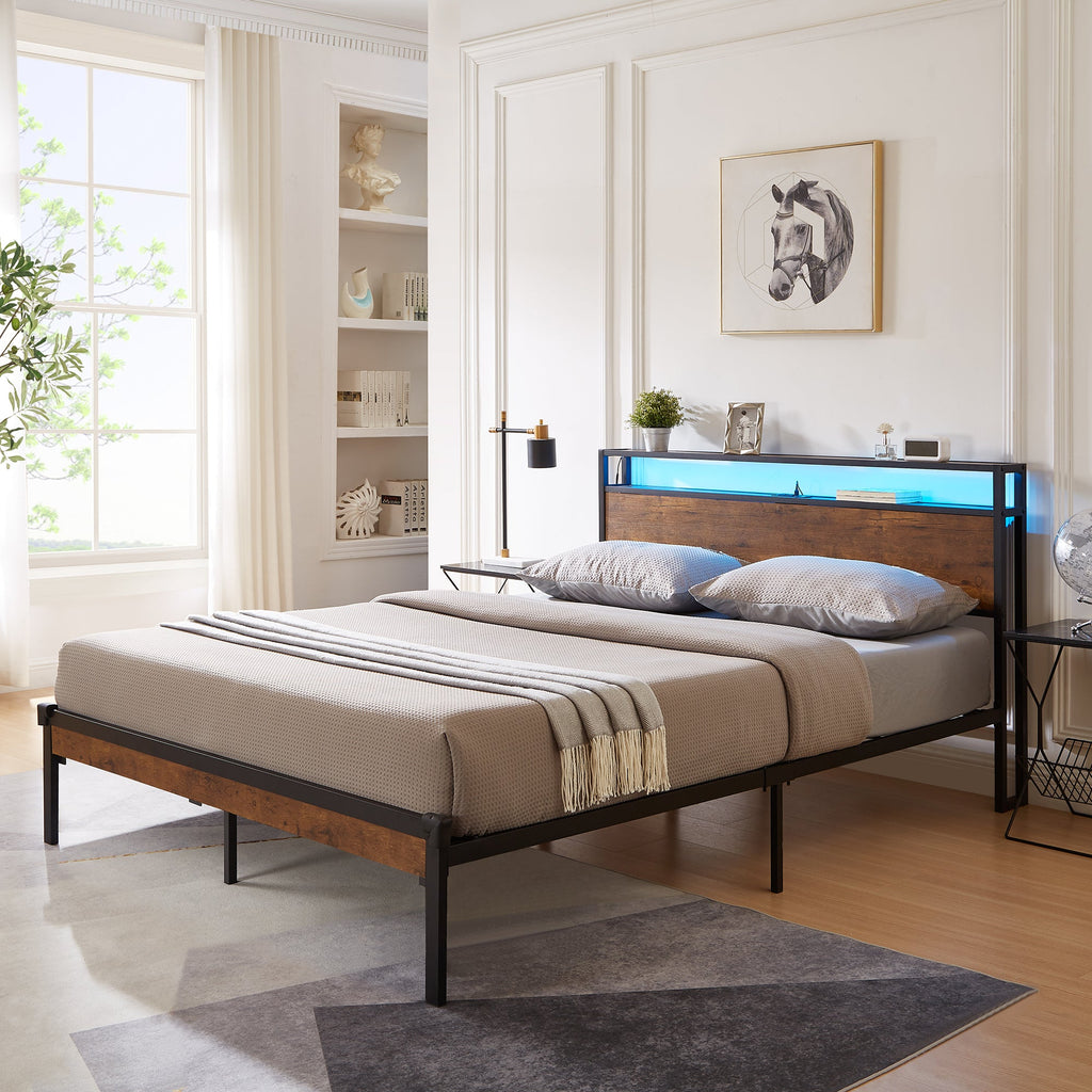 Full Size Metal Platform Bed Frame with Wooden Headboard