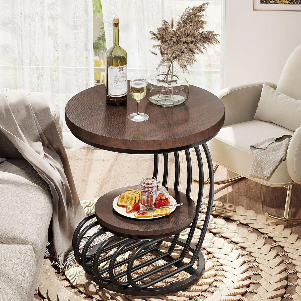 Round Vintage End Table with 2 Tier Storage - Dark Brown, Light Brown, White