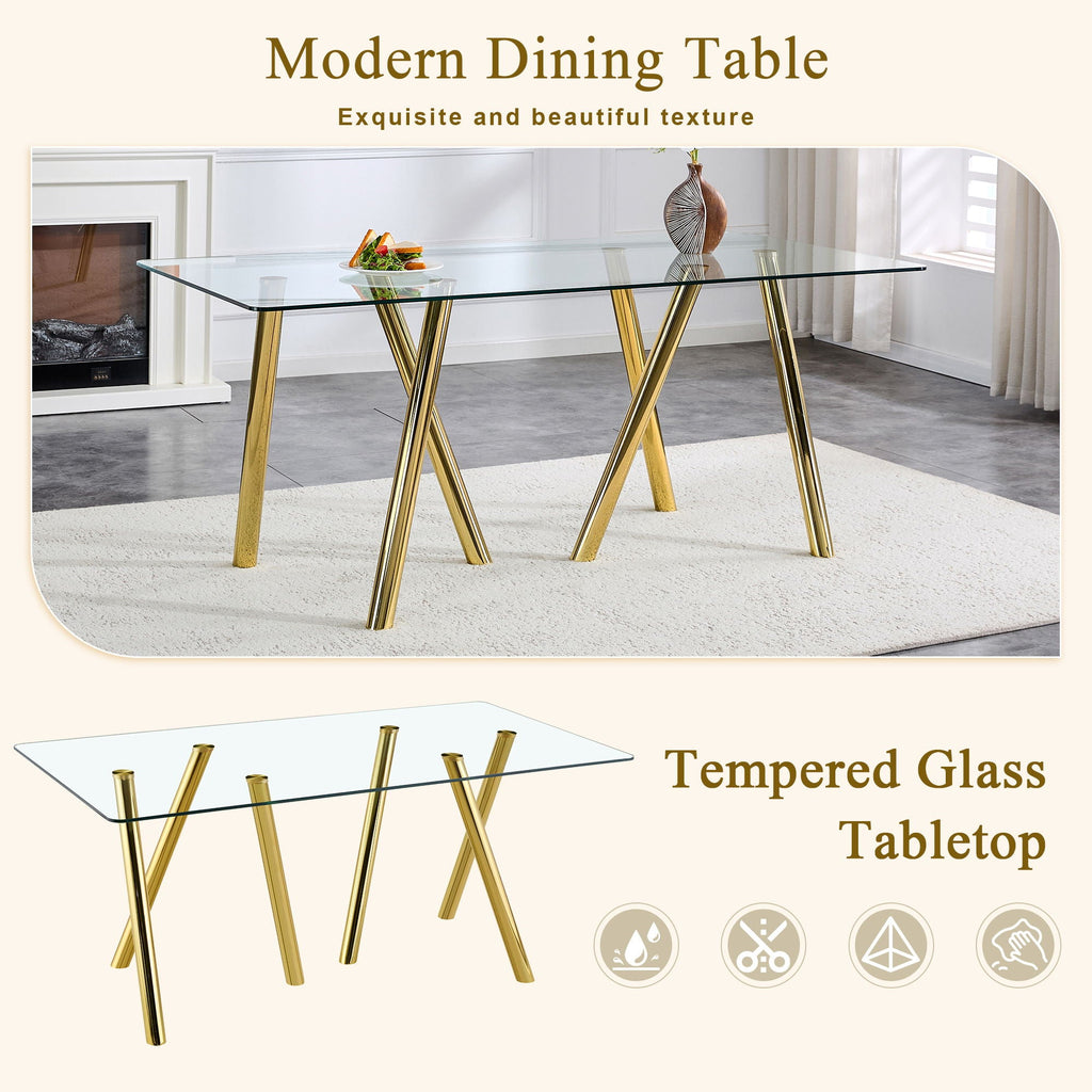 Dining Table with Transparent Tempered Glass Surface – Pearl Silver or Gold