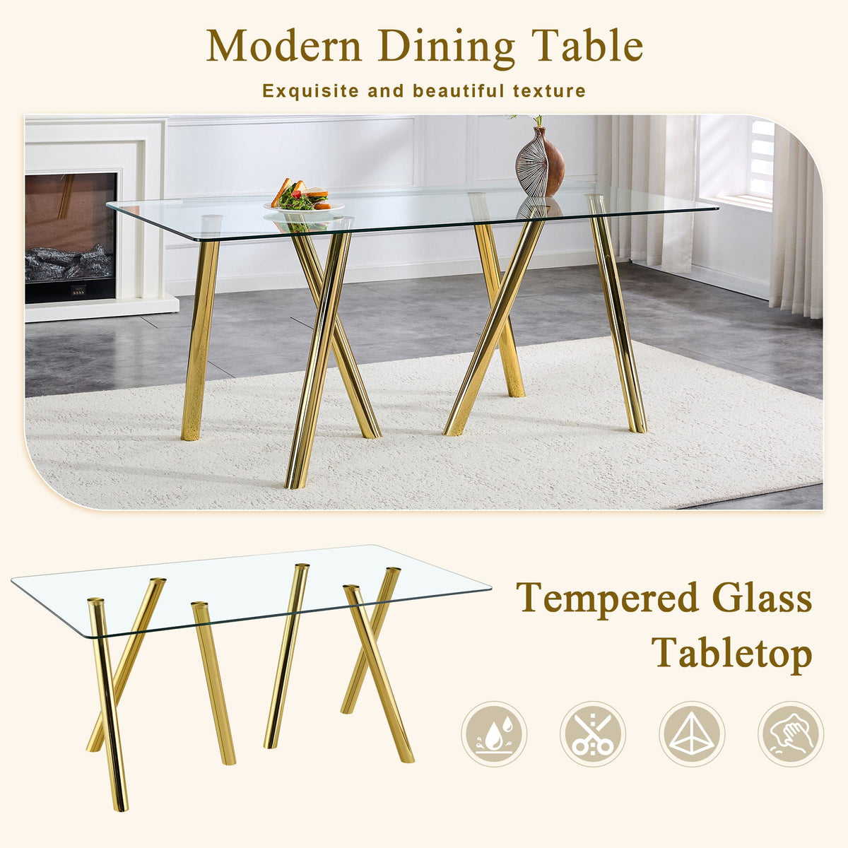 Dining Table with Transparent Tempered Glass Surface – Pearl Silver or Gold