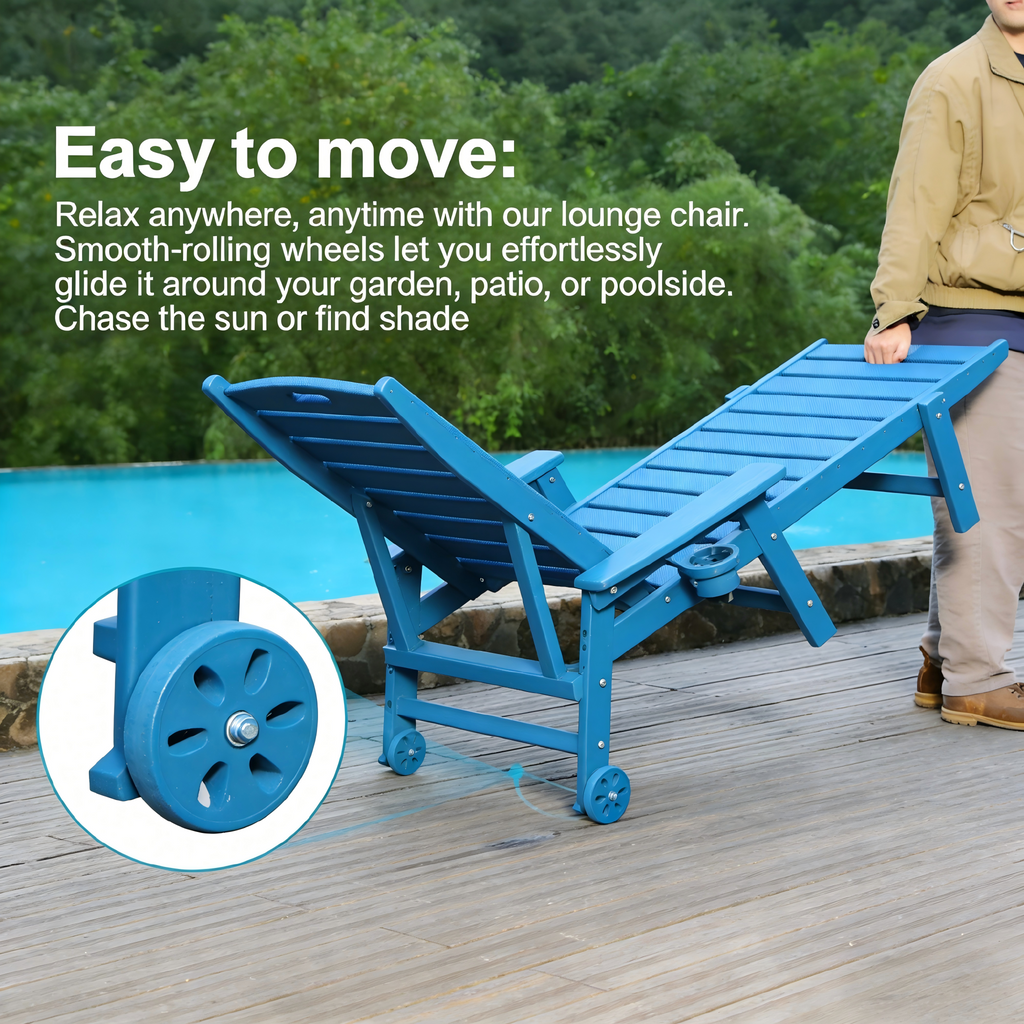 HDPE Outdoor Chaise Lounge Chair with Adjustable Backrest - Navy Blue