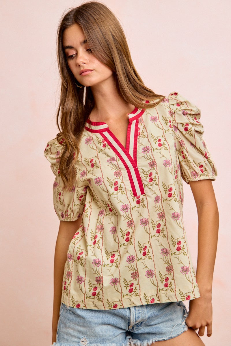 BiBi Floral Gather Sleeves Contrast Neckband Blouse Top