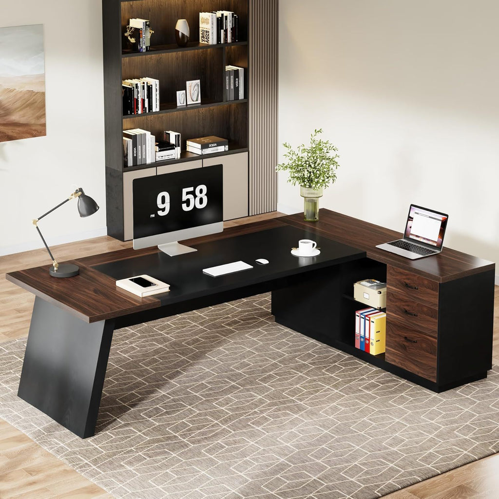 L-Shaped Executive Desk with File Cabinet and Drawers - Black