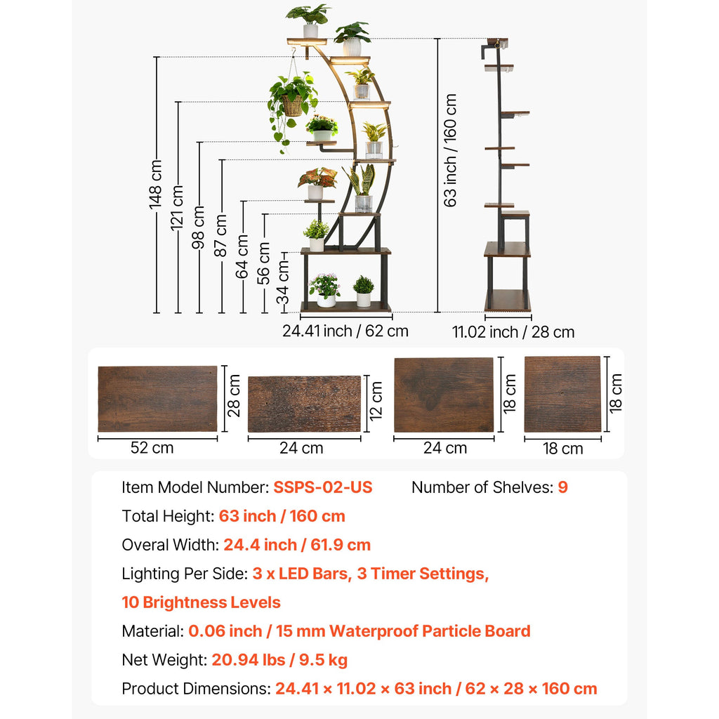 63 in Tall Indoor Plant Stand with Grow Lights - Black Iron