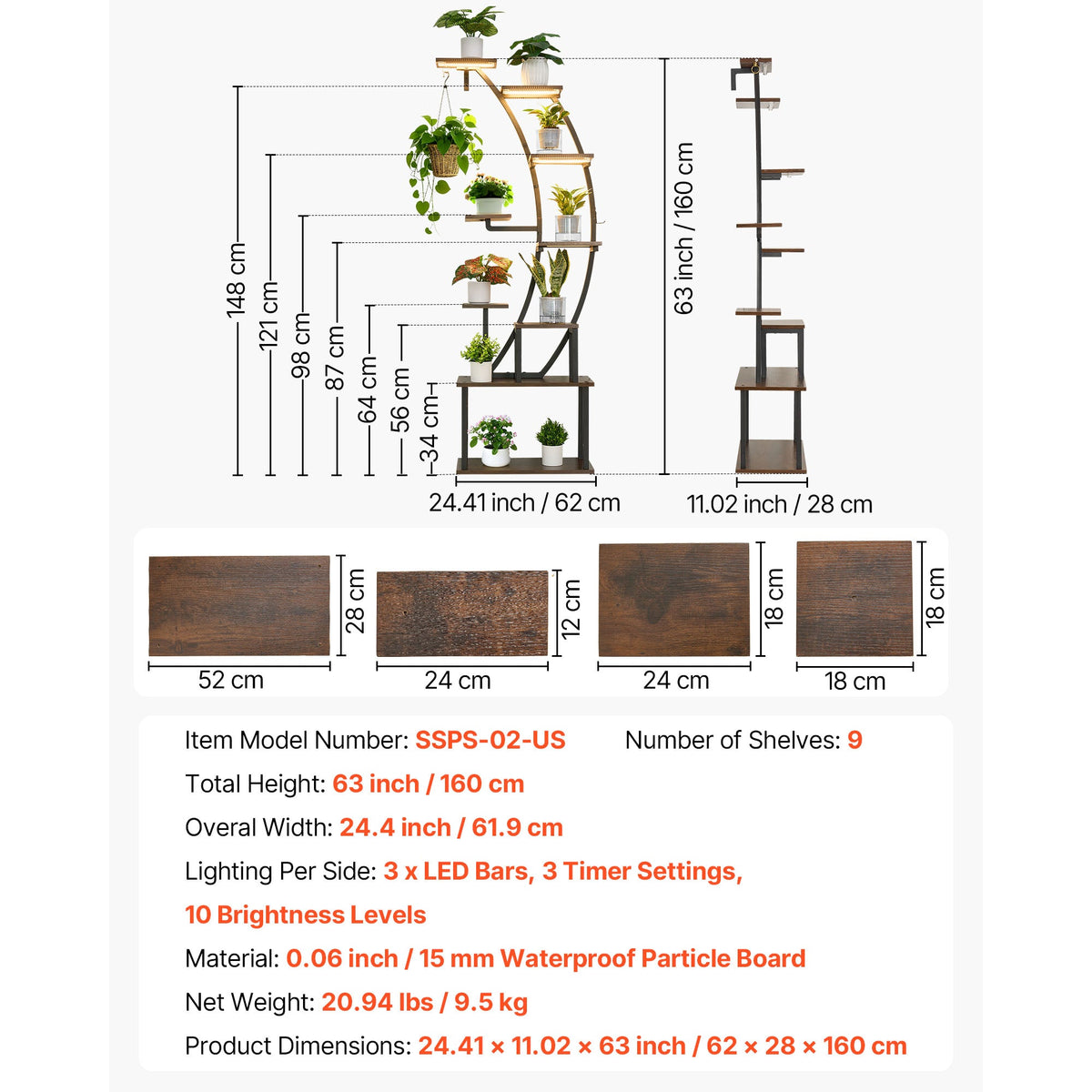 63 in Tall Indoor Plant Stand with Grow Lights - Black Iron