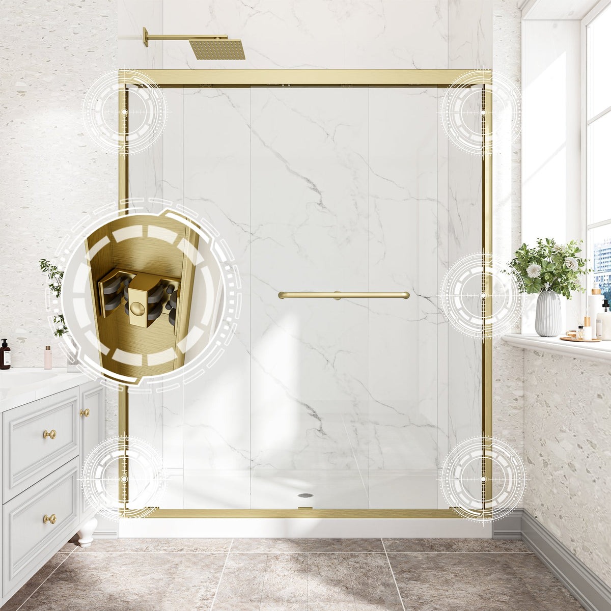 55-60" Adjustable Brushed Shower Door with Tempered Glass - Brushed Gold