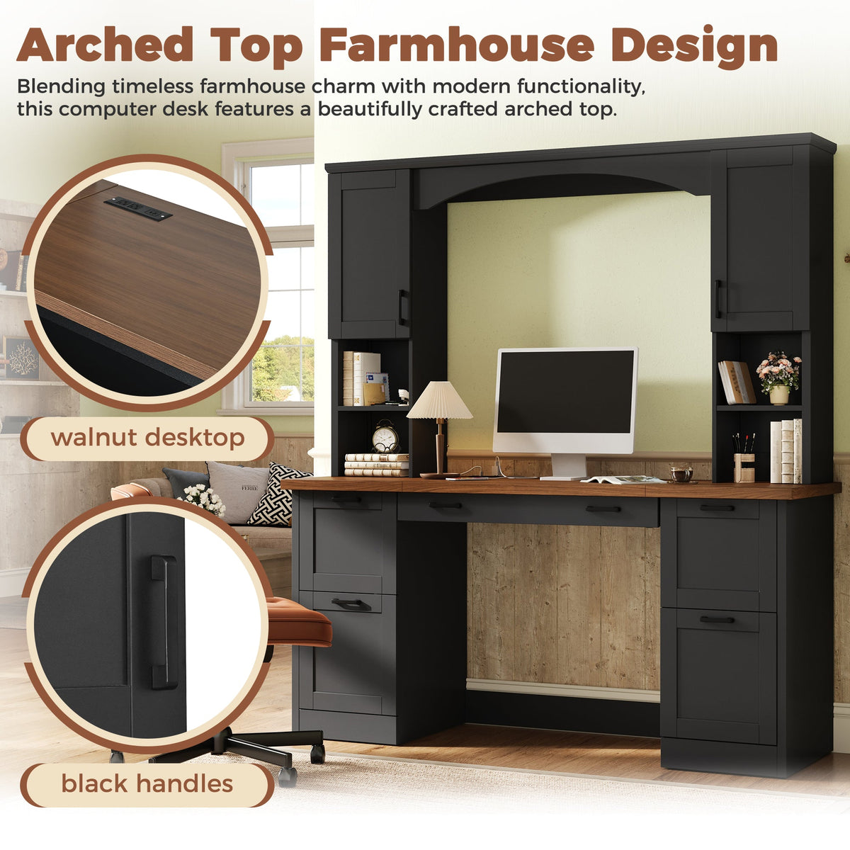 Farmhouse Arched Computer Desk with Hutch - MDF, Walnut & Black