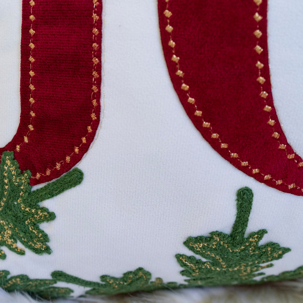 Joy Embroidered Christmas Throw Pillow with Velvet Finish - White and Red