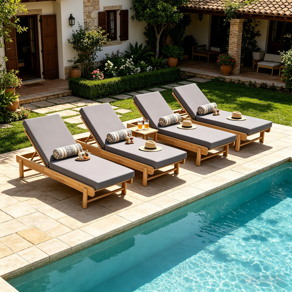 Light Teak Acacia Wood Chaise Lounge Set with Adjustable Backrest - Dark Grey