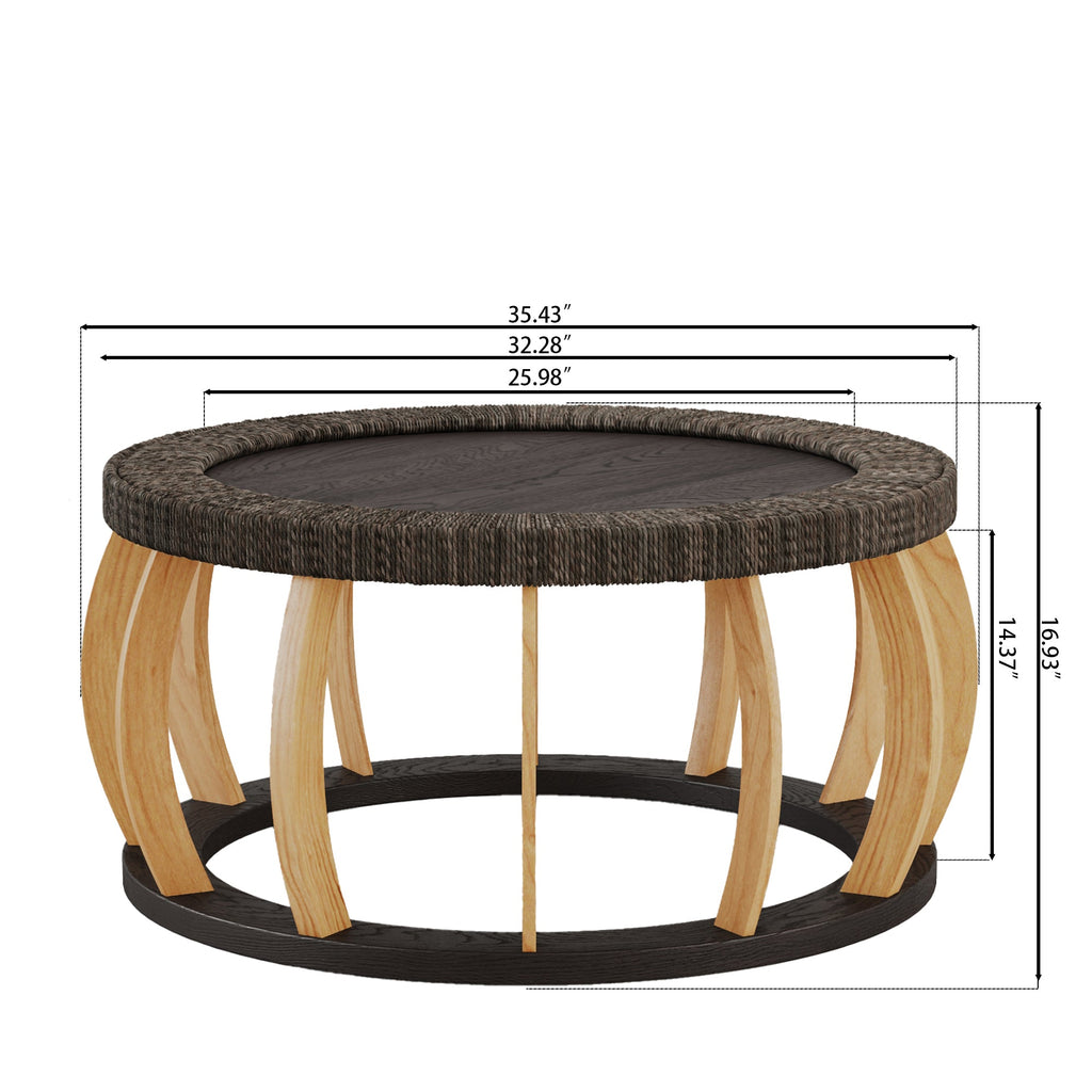 Vintage Rattan Solid Wood Round Coffee Table with Curved Legs - Natural