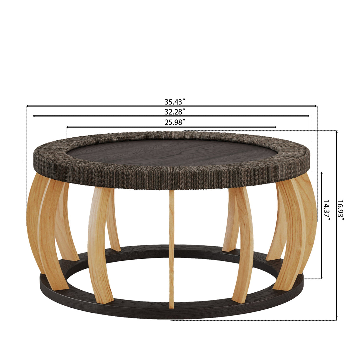 Vintage Rattan Solid Wood Round Coffee Table with Curved Legs - Natural