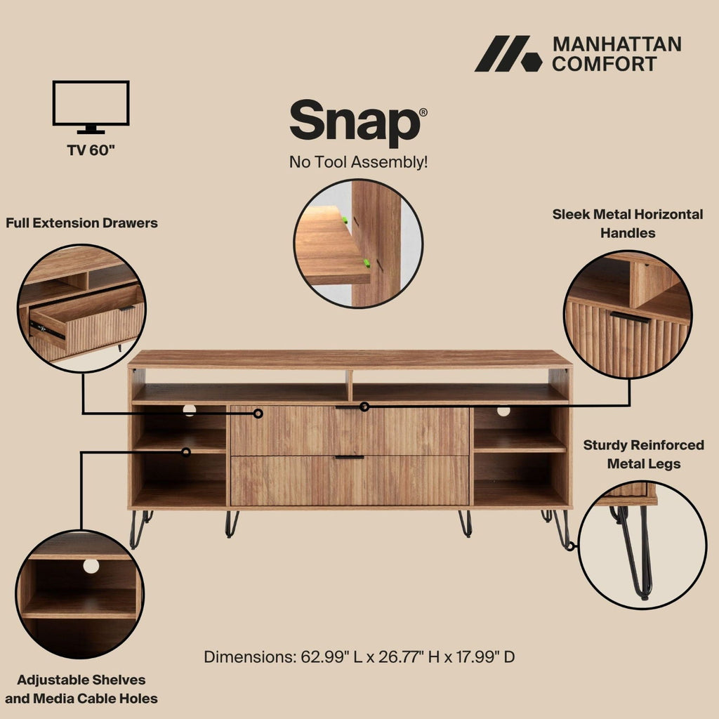 Fluted TV Stand with Storage and Metal Legs - Multiple Colors