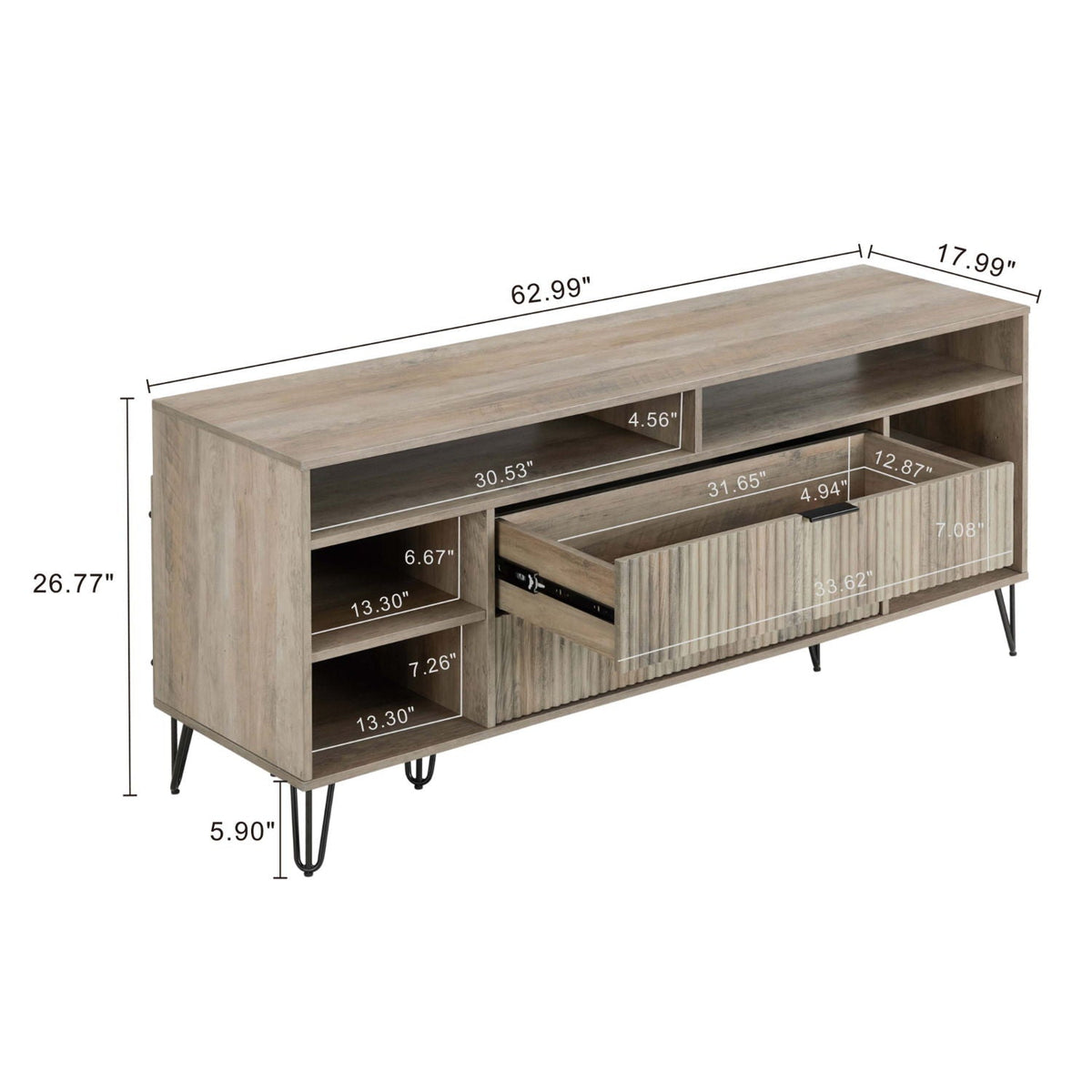 Fluted TV Stand with Storage and Metal Legs - Multiple Colors