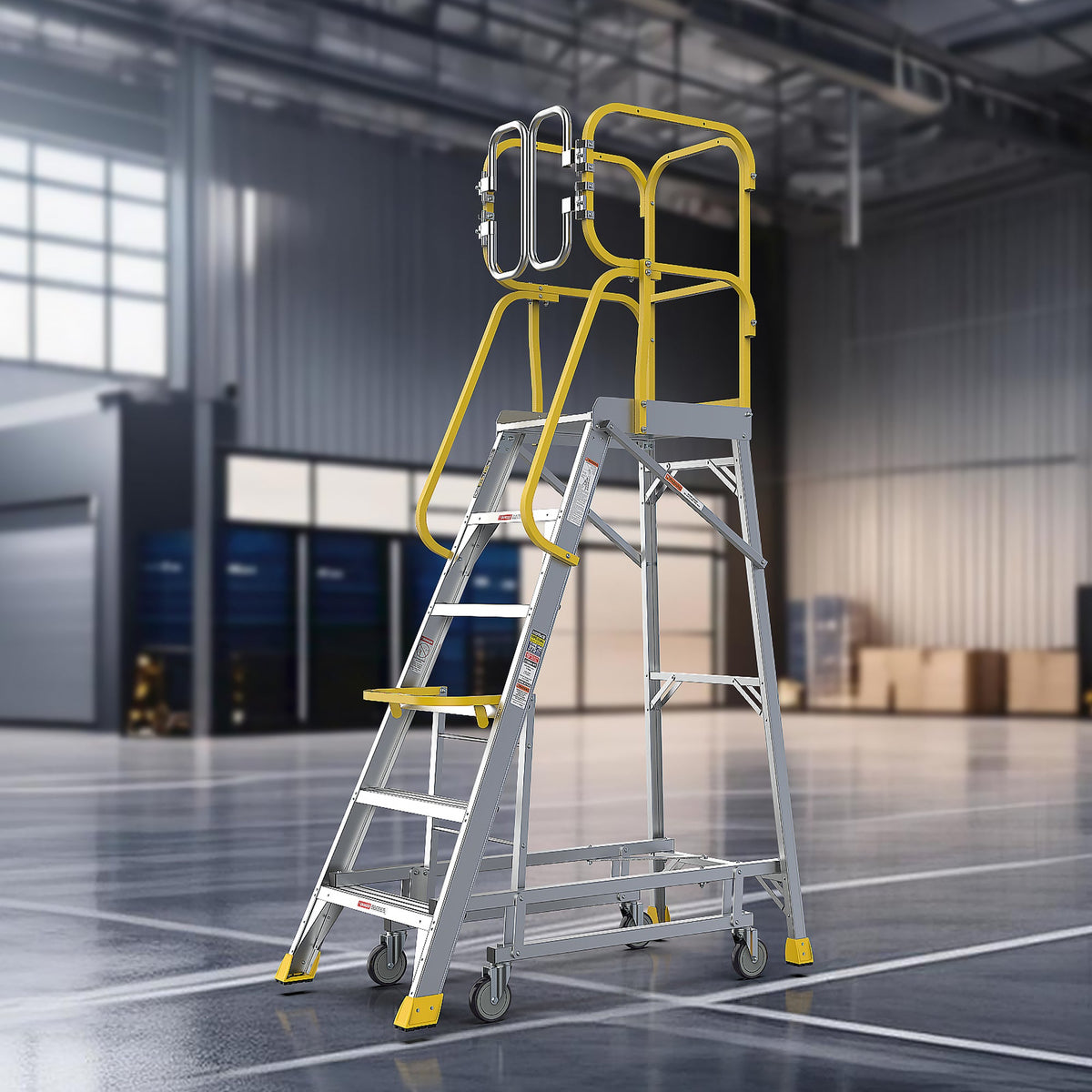 6 Step Aluminum Rolling Platform Ladder with 375 lb Capacity - Silver