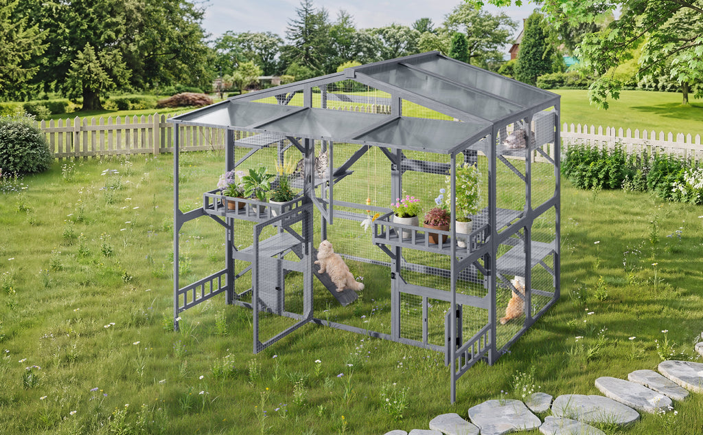 Large Outdoor Catio for Cats with Climbing Platforms - Pine