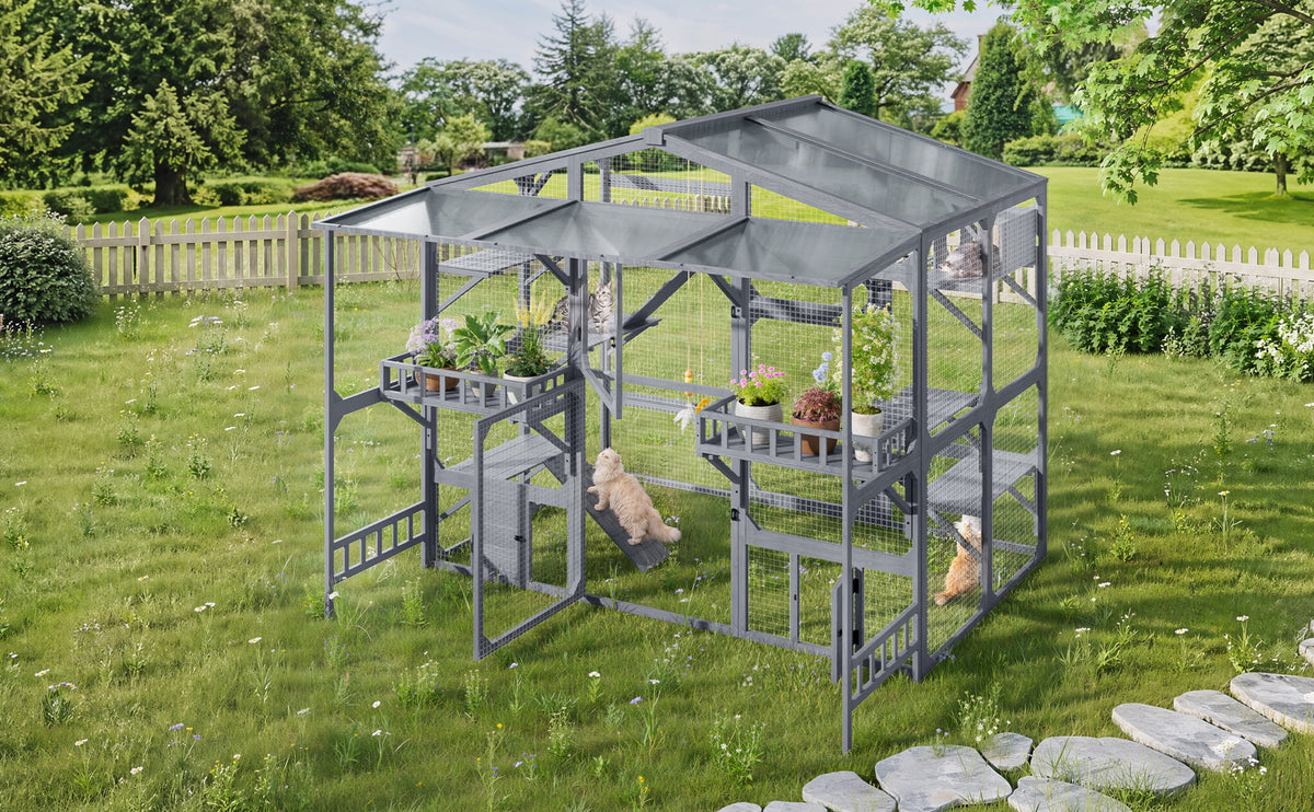 Large Outdoor Catio for Cats with Climbing Platforms - Pine
