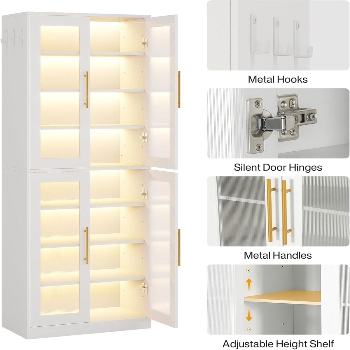 Bookcase With Doors and LED Lighting with Adjustable Shelves - Black, Gray, White