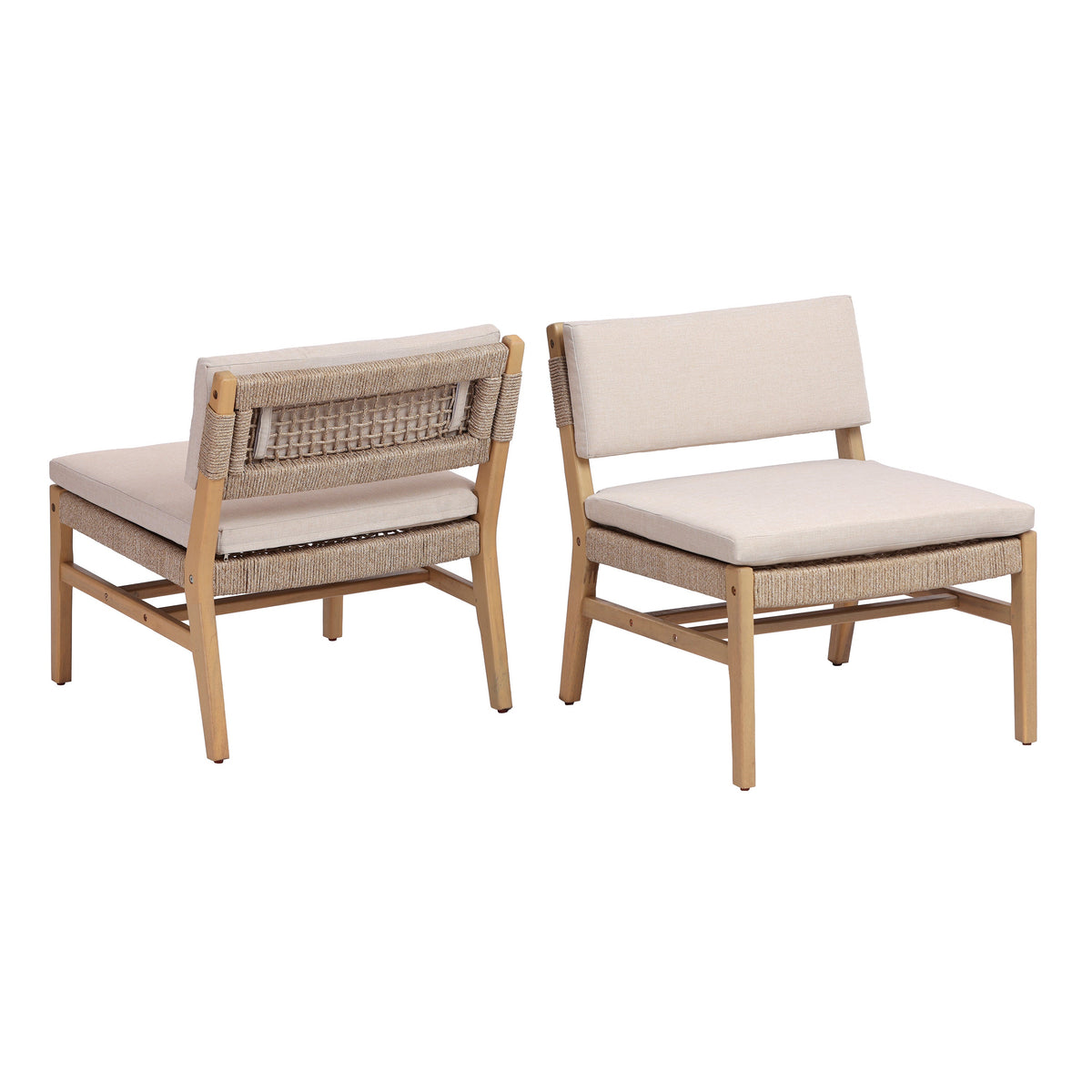 Acacia and Rope Lounge Chair with Water-Repellent Cushions - Beige