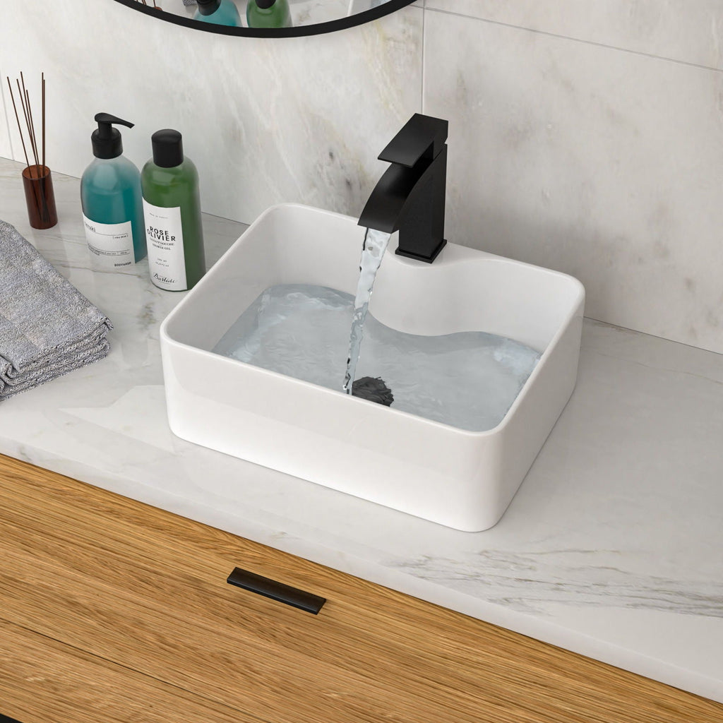 Rectangular Vessel Sink with Faucet & Drain - White/Black