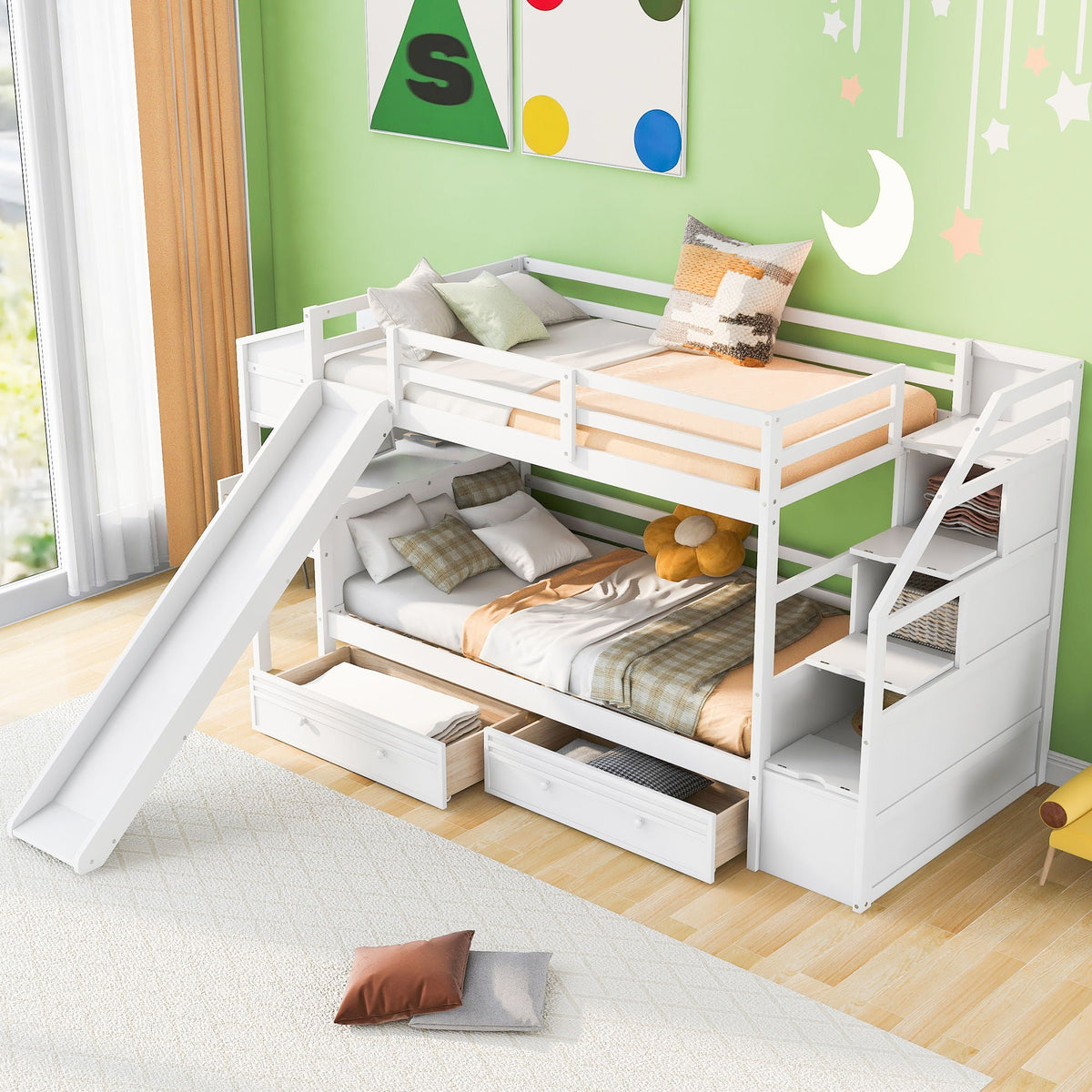 Bunk Bed With Storage Staircase, Slide, Desk, Drawers, And Shelves