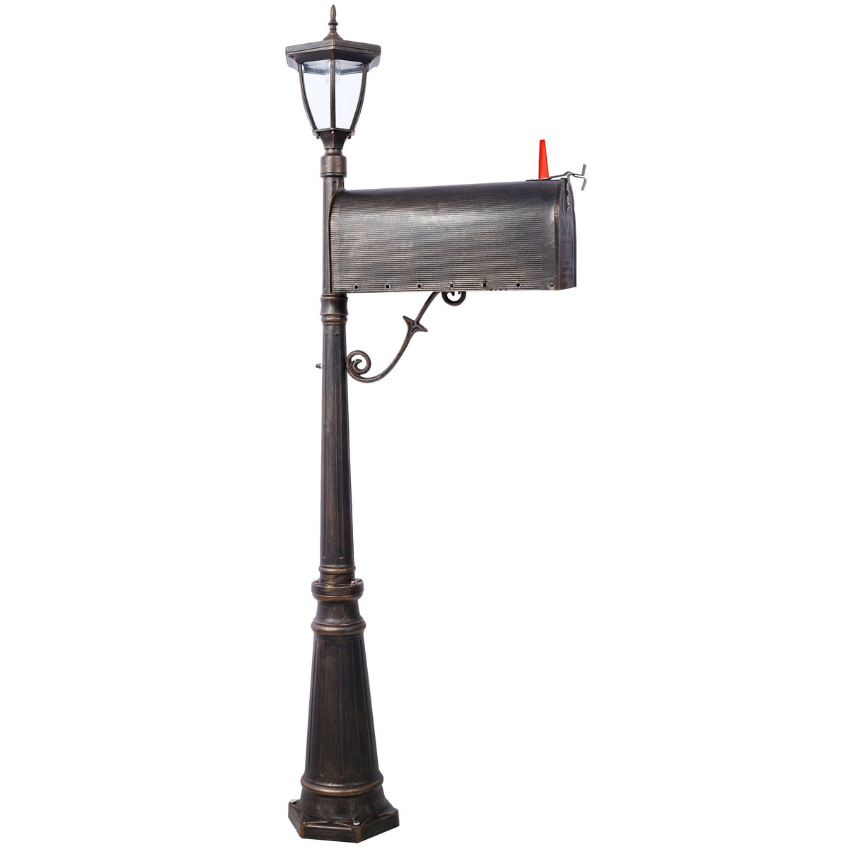 Stratford - Heavy Duty Cast Aluminum Mailbox With Post And Solar Light, Fluted Base, Decorative Modern Mailbox - Brown