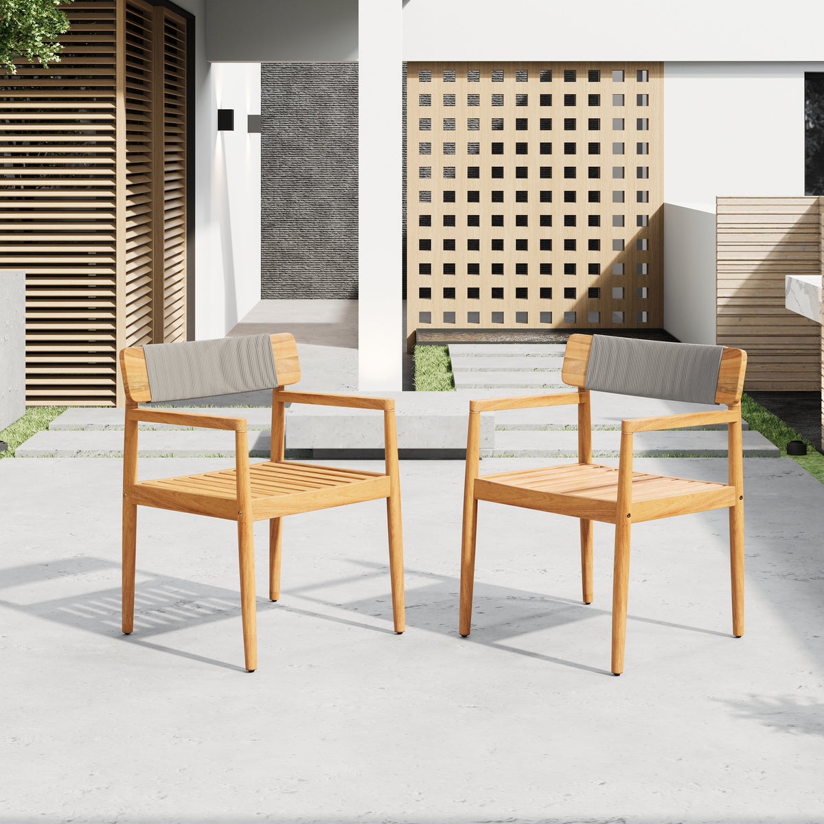 Creative Braided Acacia Wood Outdoor Dining Chairs with Armrests - Grey