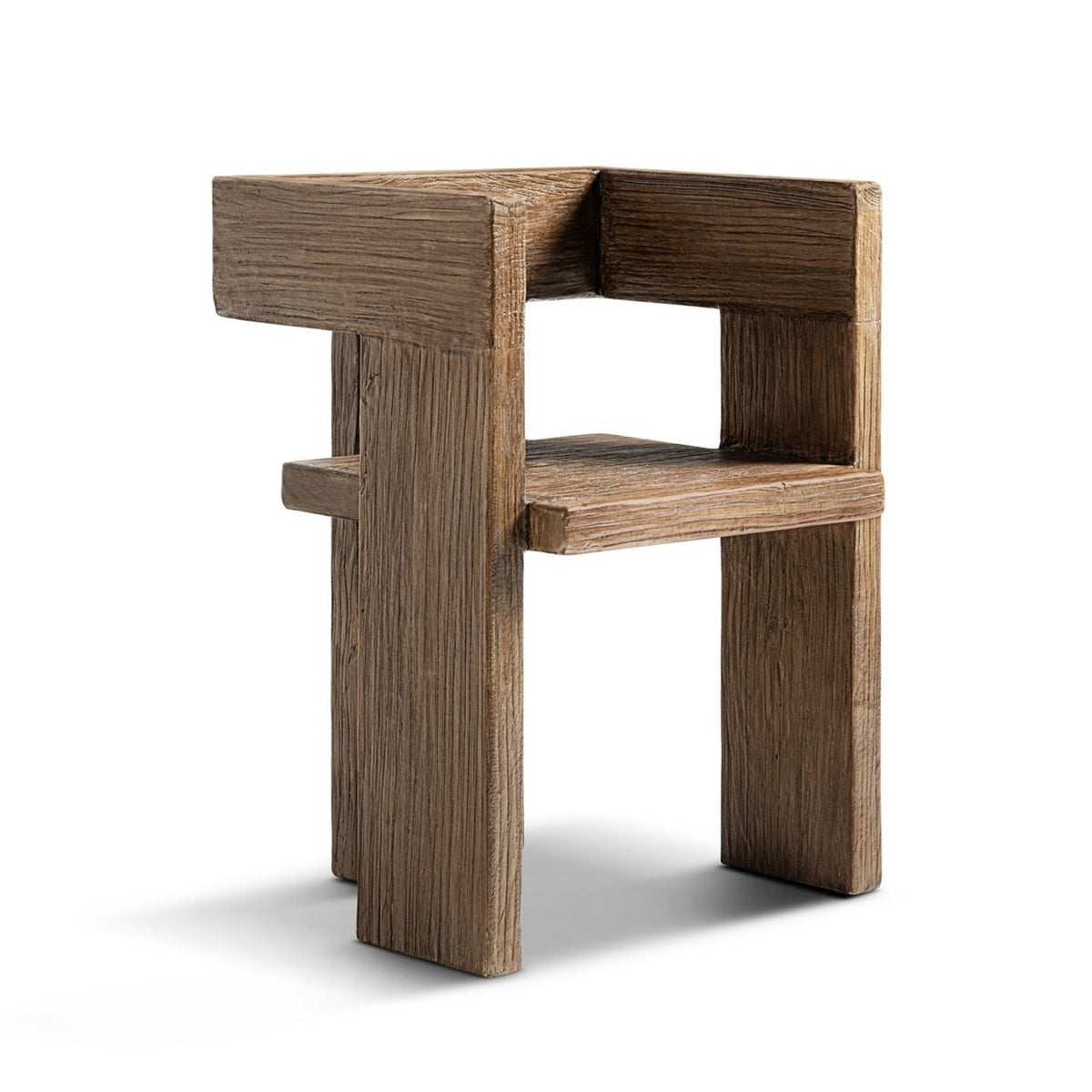 Sculptural Block Accent Chair with Reclaimed Elm Construction - Brown