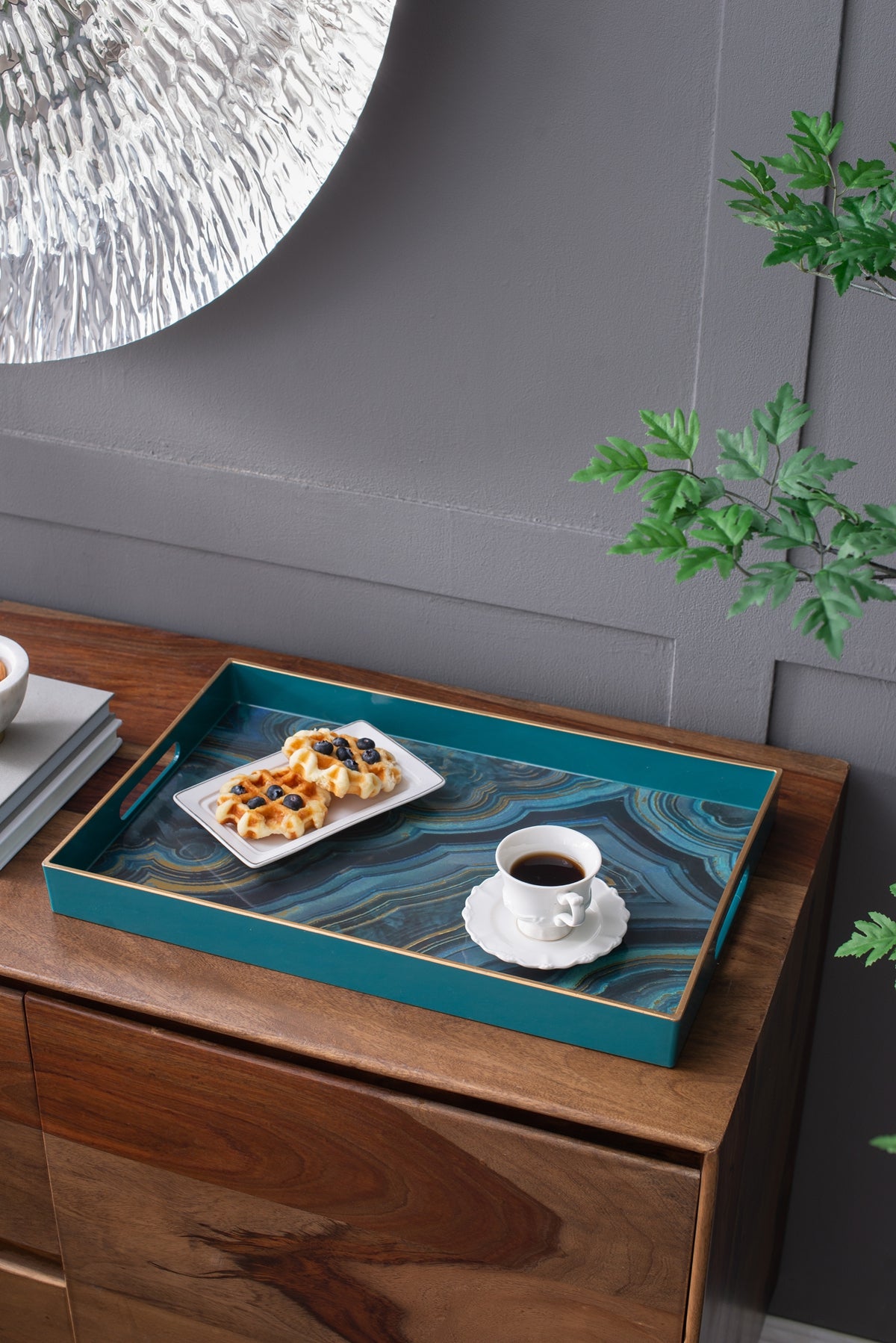 Set of 2 Effra Rectangular Trays with Marble-Inspired Finish - Blue or Black