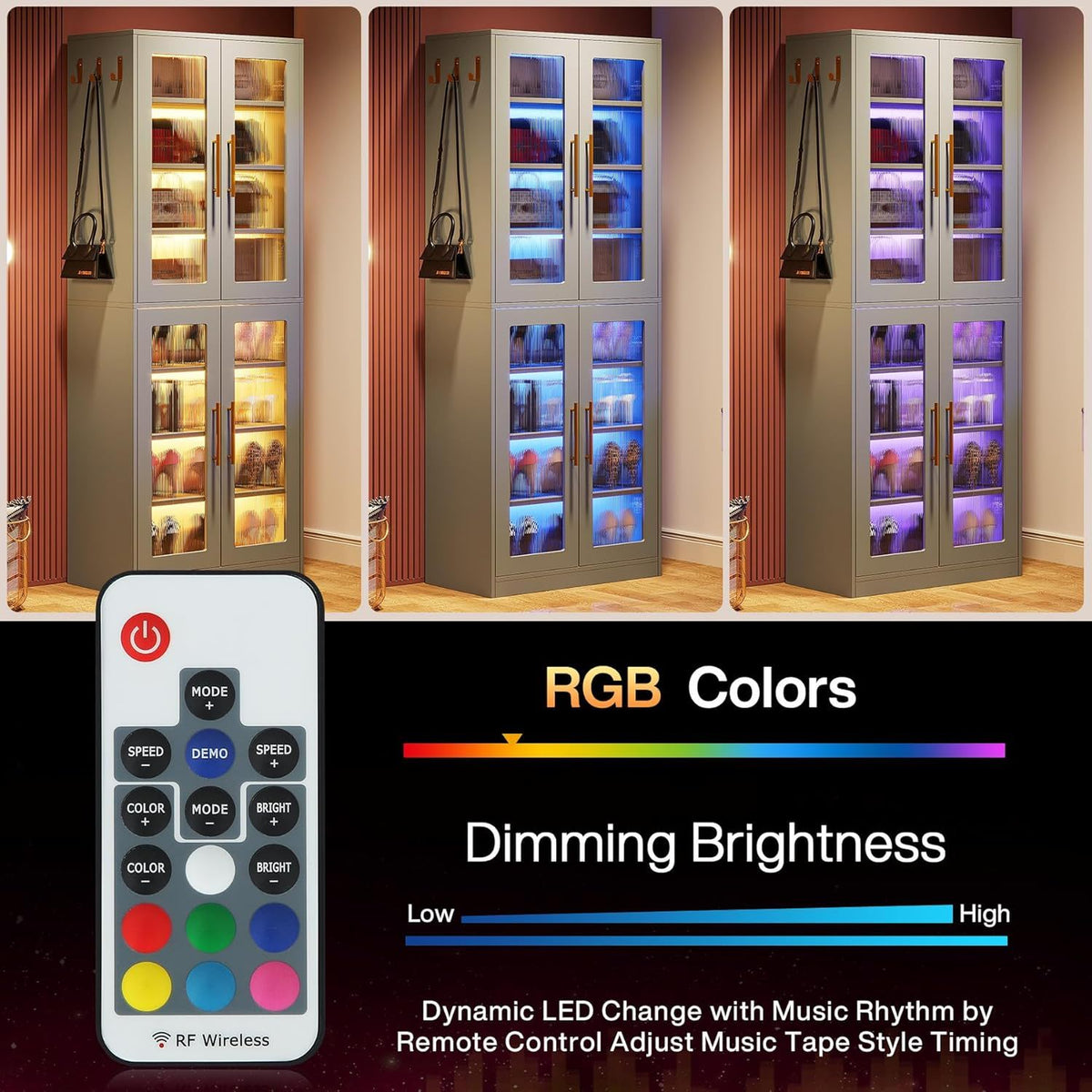 Bookcase With Doors and LED Lighting with Adjustable Shelves - Black, Gray, White
